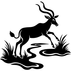 Graceful Antelope Silhouette Leaping Over Stream Vector Black Art