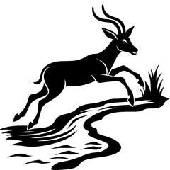 Graceful Antelope Silhouette Leaping Over Stream Vector Black Art