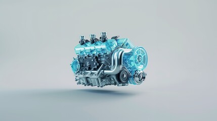 3D Model of a Modern Car Engine with Blue Accents