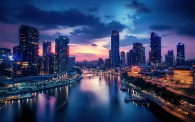 Obraz premium Beautiful city with river on night background