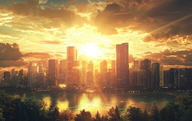 Fototapeta premium Beautiful city with river on sunsat background