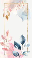 Watercolor floral frame with gold border.