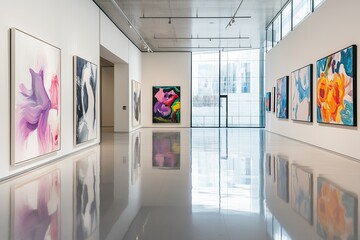 Large abstract paintings displayed in a contemporary art gallery featuring vibrant colors and a polished floor reflecting the artwork