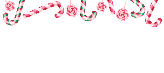 Frame of hand-painted watercolor illustrations of lollipops. Christmas frame made of lollipops and candy canes. Perfect for festive decor for Christmas, birthday, children's party.