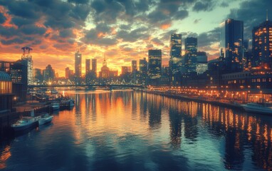 Obraz premium Beautiful city with river on sunsat background