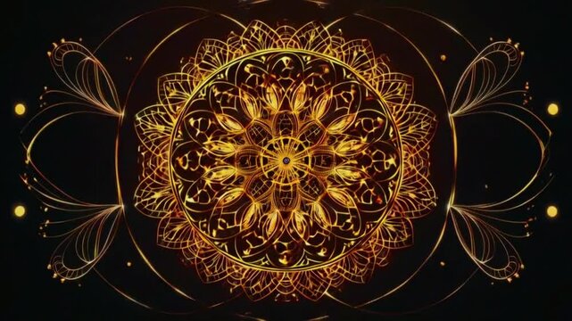 Thin gold lines form intricate, symmetrical mandala patterns pulse and rotate slowly on a dark velvet background. Abstract black background glowing gold elegance floral pattern, 4k Animation video