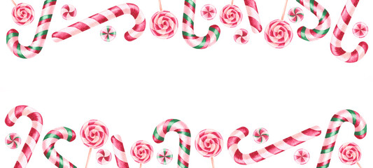 Frame of hand-painted watercolor illustrations of lollipops. Christmas frame made of lollipops and candy canes. Perfect for festive decor for Christmas, birthday, children's party.