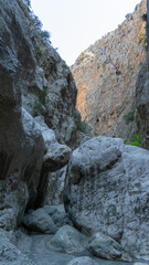 Deepest narrow stone canyon Saklikent in national park in Mugla Province in southwestern Turkey. Wild natural beauty. Vertical image