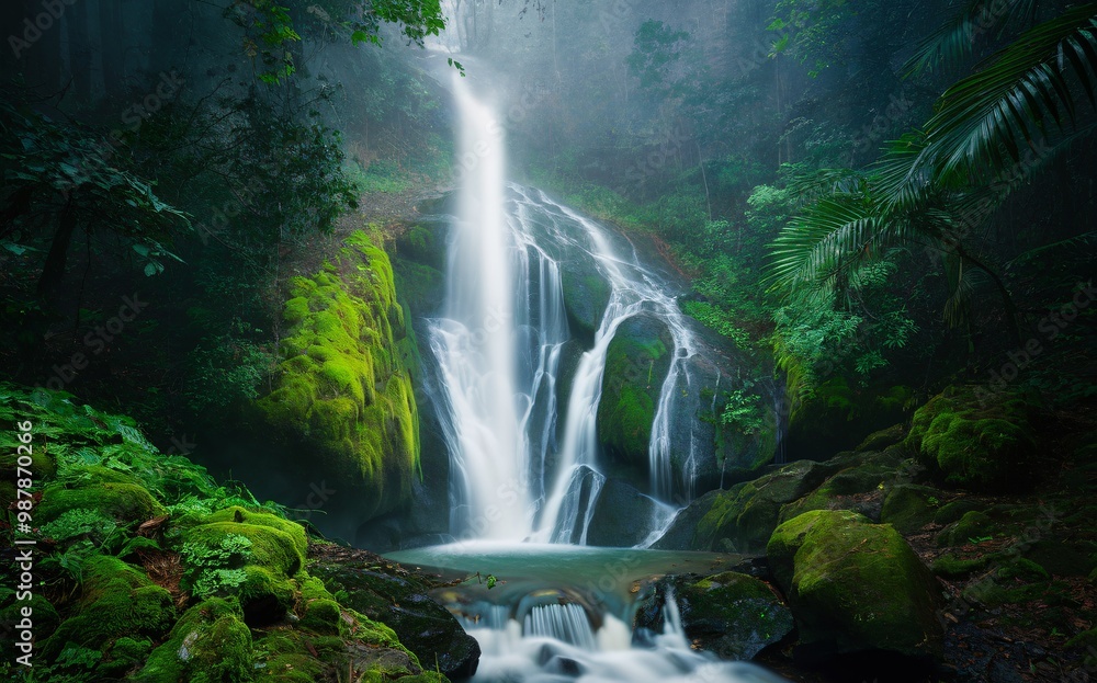 Wall mural lush green forest with a beautiful waterfall cascading down mossy rocks in a misty setting.