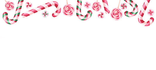 Frame of hand-painted watercolor illustrations of lollipops. Christmas frame made of lollipops and candy canes. Perfect for festive decor for Christmas, birthday, children's party.