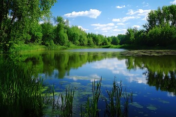 Tranquil lake surrounded by lush greenery and a blue sky with clouds reflection