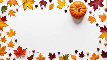 Fototapeta premium A seasonal display featuring a pumpkin surrounded by autumn leaves and pine cones.