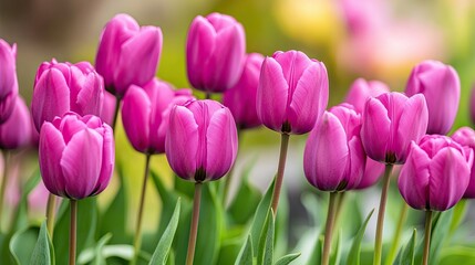 Fototapeta premium Landscape with blooming tulips. Fresh spring flowers. Growing flowers for sale in large quantities. Illustration for cover, card, postcard, interior design, banner, poster, brochure or presentation.