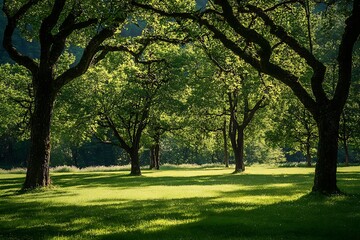 Obraz premium Sunlight filtering through lush green trees in a forest clearing