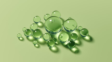 Collection of spherical water droplets on a smooth, solid surface. 3d rendering cosmetic science...