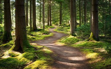 Fototapeta premium A winding dirt path through a lush green forest, sunlight dappling through the trees.