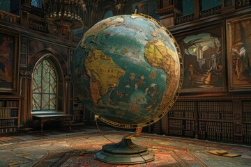 Vintage globe in an ornate library with south america facing forward