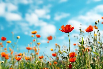 Red poppy flowers blooming in field under blue sky with white clouds, springtime nature background