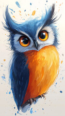 Fototapeta premium A cute cartoon owl with big, bright eyes, painted in a watercolor style.
