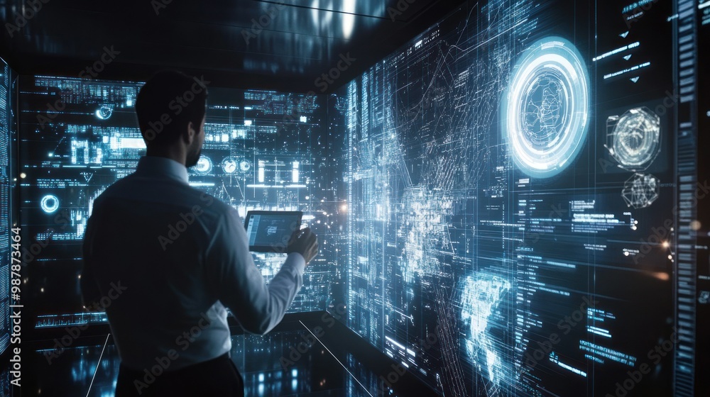 Poster man interacting with a digital interface in a futuristic room