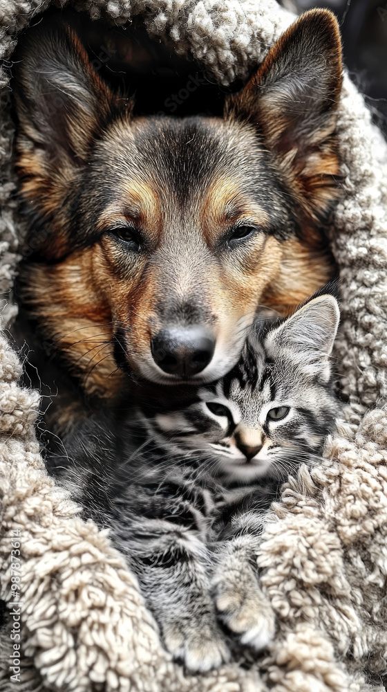 Canvas Prints A dog and cat snuggled up together in a blanket.