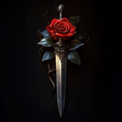 A dagger and a red rose against a black background, Knight sword and red rose flower. copy space