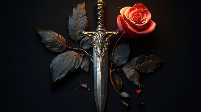 A dagger and a red rose against a black background, Knight sword and red rose flower. copy space