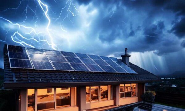 Lightning illuminating a sleek modern home adorned with solar panels during an intense thunderstorm creates a striking contrast against the dark, stormy sky
