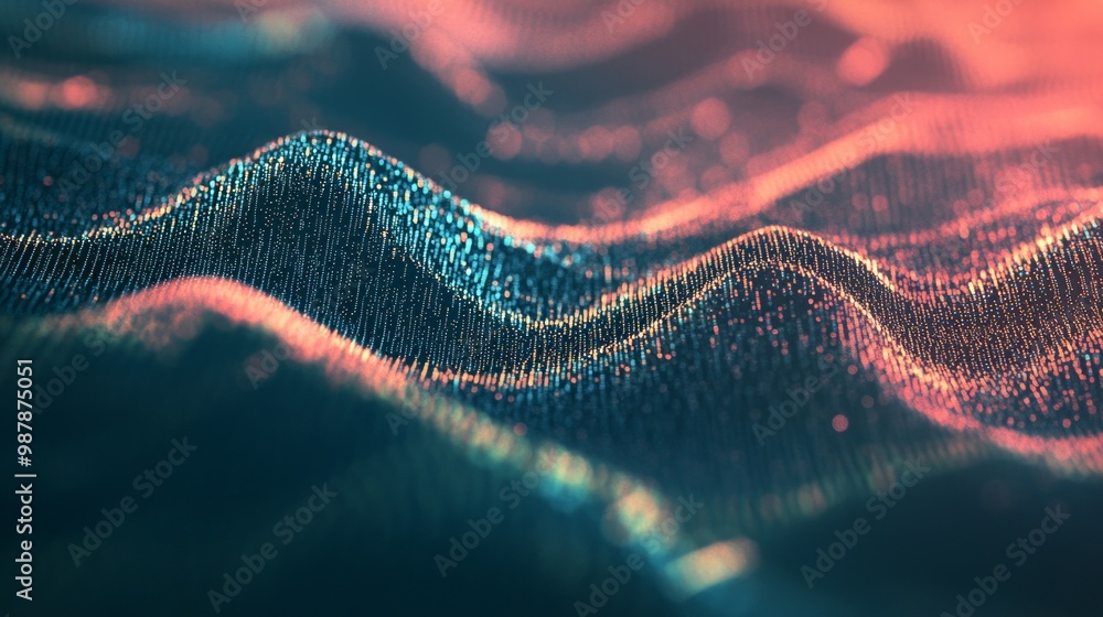 Poster digital abstraction featuring a dynamic texture of colorful waveforms