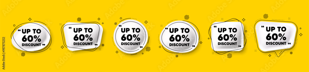 Wall mural Up to 60 percent discount. Speech bubble 3d icons set. Sale offer price sign. Special offer symbol. Save 60 percentages. Discount tag chat talk message. Speech bubble banners with comma. Vector