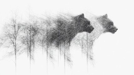 Fototapeta premium Two wolves emerge from a forest of trees.