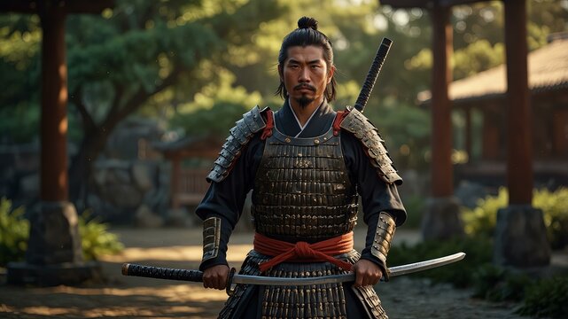 Fierce samurai warrior in traditional Japanese armor portrait feudal Japan