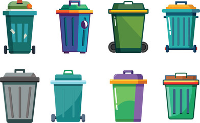 A collection of colorful recycle bins in different shapes and designs for waste management. Showcasing modern and eco-friendly options for waste disposal