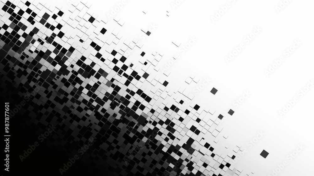 Poster simple vector graphic featuring black and white squares in an ombre effect, transitioning from dark 