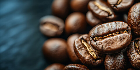 Obraz premium Rich roasted coffee beans glisten with deep brown hue, showcasing their unique textures and natural oils. close up captures essence of freshly brewed coffee, evoking warmth and comfort