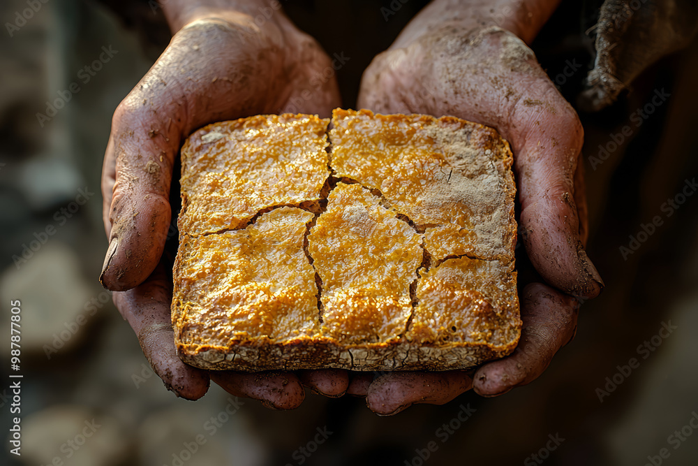 Wall mural A pair of hands clutching a broken piece of bread. Concept of hunger and survival in poverty.