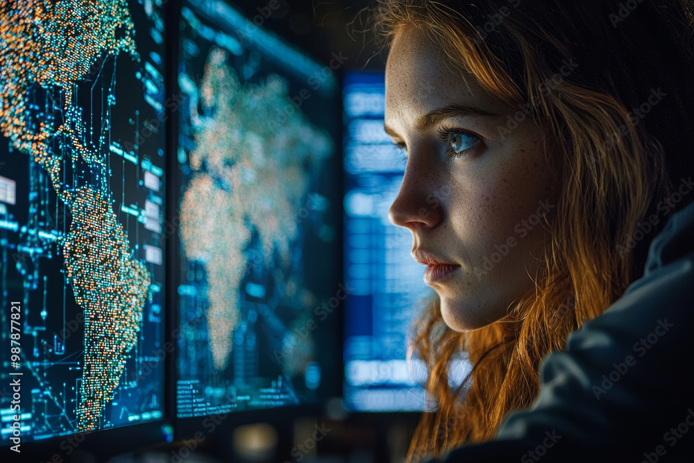 Poster a focused woman analyzes data on multiple screens, showcasing her dedication to cybersecurity and te