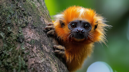 Obraz premium A curious golden-haired monkey peeks out from behind a tree.