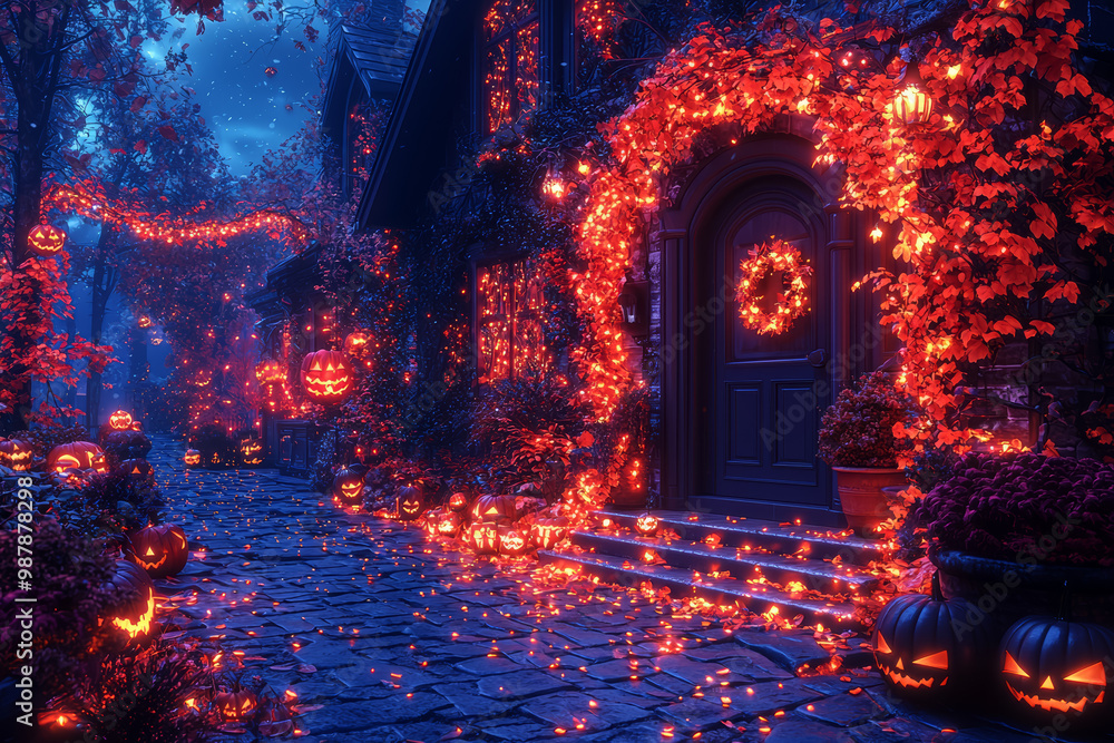 Poster a halloween-themed smart home where all decorations and lighting are controlled by voice commands an