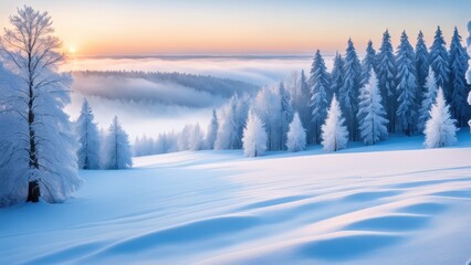 Naklejka premium A serene winter landscape with snow-covered trees and a rising sun over a foggy valley.