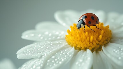 Obraz premium White chamomile on white background, and a little ladybug sits on the white petals.