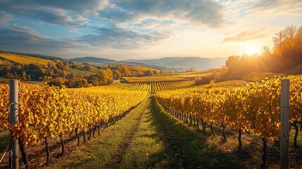 Fototapeta premium Grapevines with ripe purple grapes during golden hour in a scenic vineyard landscape