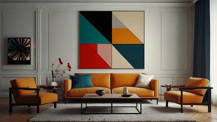 Scandinavian interior home design of modern living room with gray sofa and colorful pillows with pop art colorful abstract frame poster