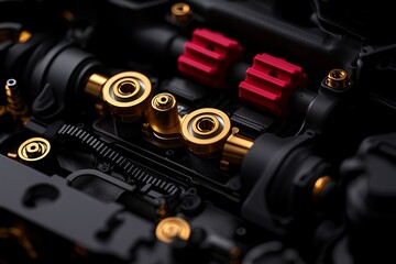 Naklejka premium Detailed close-up of a precision-engineered automotive engine component showcasing gold and red elements, emphasizing craftsmanship.