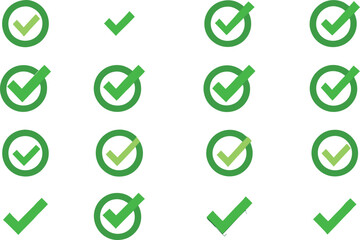 A collection of various green check marks in different styles. These checkmarks symbolize verification, approval, and completion