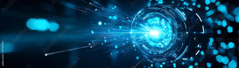 Wall mural a captivating blue abstract design with light rays and particles, symbolizing technology and innovat