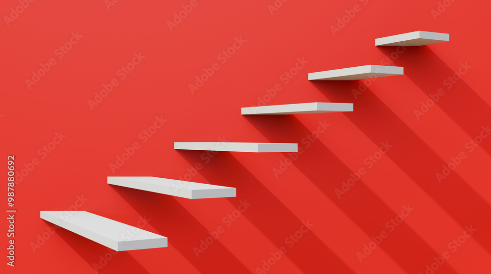 Poster financial steps. empty shelf on a red wall. display stand shelf on red wall. trophy stand. product d