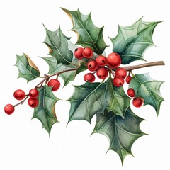 Watercolor painting of a holly branch with red berries and green leaves.