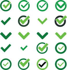 Collection of green check marks with variations. Demonstrating approval, verification, and completion. A symbol representing the concept of affirmation