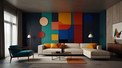 Scandinavian interior home design of modern living room with gray sofa and colorful pillows with pop art colorful abstract frame poster
